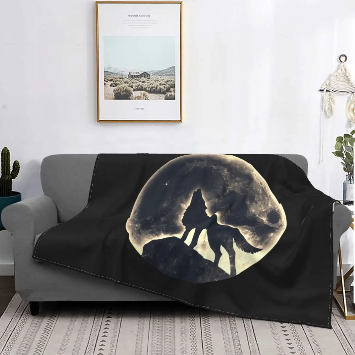 

Fashion Wolf Fantasy Pattern Blanket Flannel Decoration Wolf Howling Moon Multifunctional Soft Blanket Sofa Bedroom Bedding