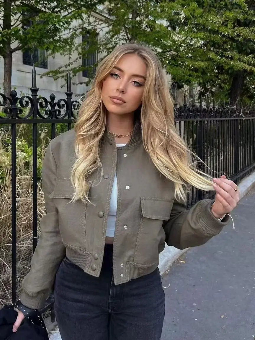 

Instant Vintage Solid Long Sleeve Bomber Jacket Spring Women Casual Coats Streetwear 2023 Female Elegant Lapel Zipper Jakcet