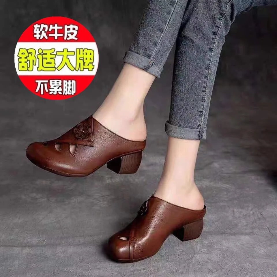 

2022 Retro Style Hand Made Women Slippers,Soft Summer Shoes,Close Toe High Heels Slides,Hollow Out,Black,BROWN,Dropshipping