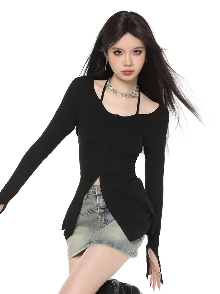 Облегающий уличный свитер в стиле ретро y2k соблазнительный черный женский
