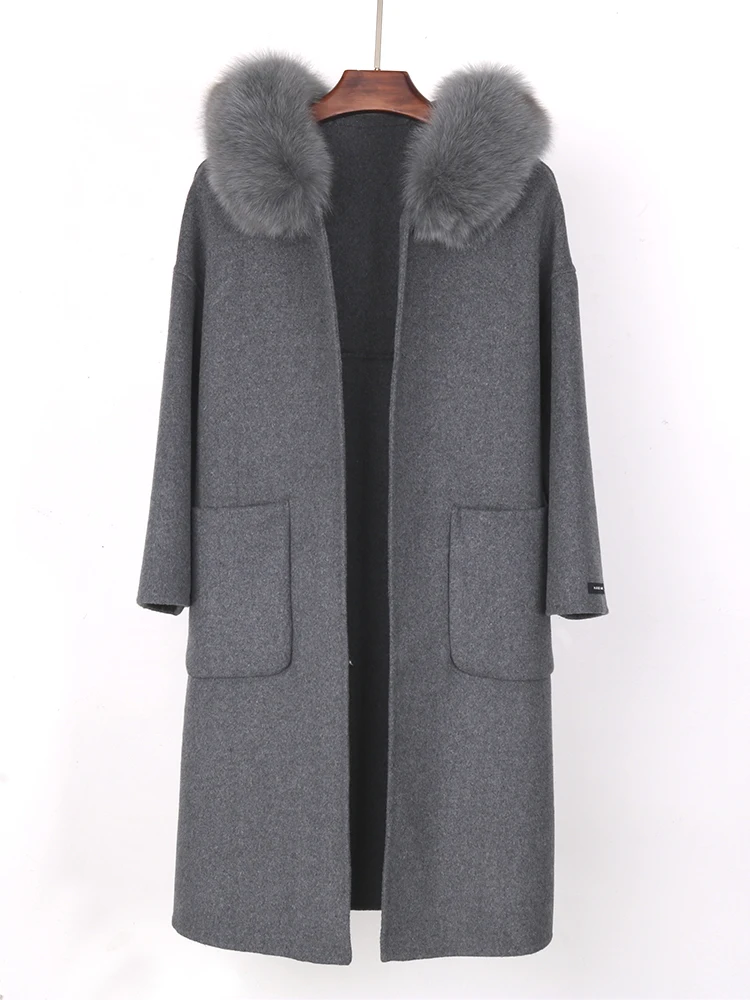 2022 Real Fur Coat Winter Jacket Women Loose Natural Fox Fur Collar Cashmere Wool Blends Long Outerwear Belt Streetwear