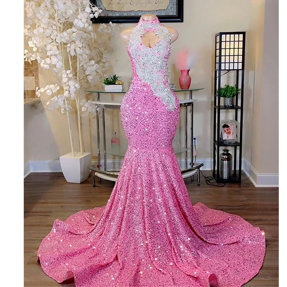 

Женское платье с блестками Meimaid, розовое вечернее платье с лямкой на шее и серебряной аппликацией, со шлейфом, без рукавов, для торжественных случаев, 2023