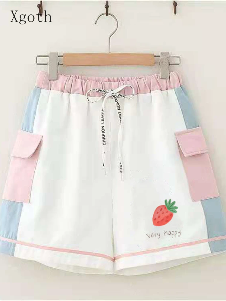 

Japan Strawberry Shorts Women's Summer Casual High-waisted Pants Female Students Korean Contrast Color Stitching Cargo Shorts