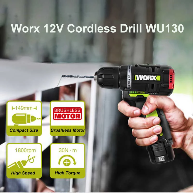 

WORX WU130 WU130X 12V Brushless Motor Drill Cordless Electric Drill Screwdriver 30N.m 40N.m Power Tools