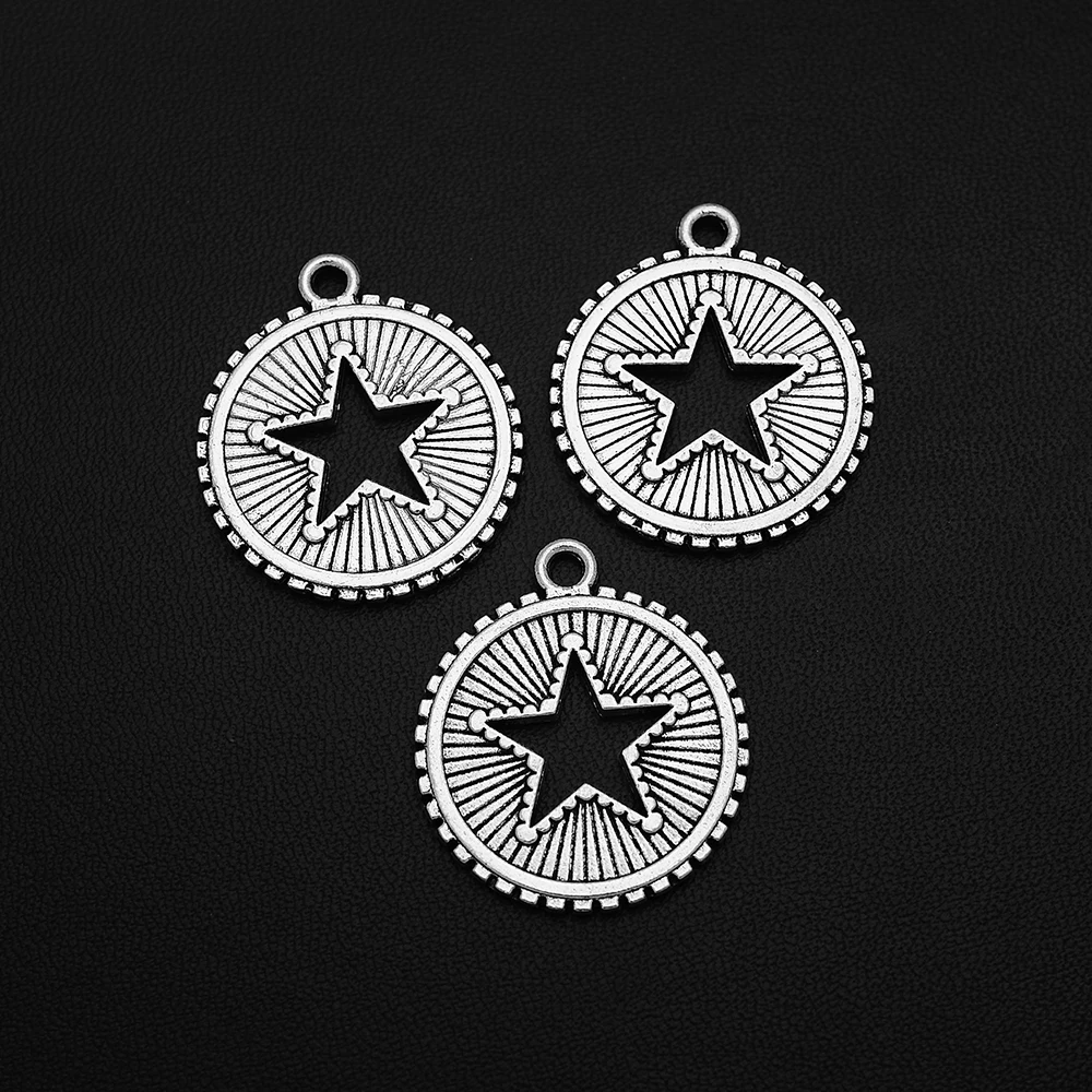 

5pcs/Lots 25x29mm Antique Silver Plated Star Hollow Charms Round Shape Pendant Alloy For Diy Creation Jewelry Making Accessories
