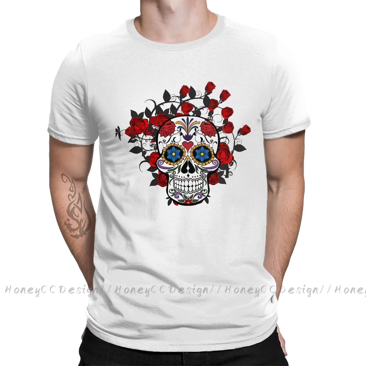 Mexico Skull Sugar T-Shirt Men Top Quality 100% Cotton Short Skulls And Roses Summer Sleeve asual Shirt Loose Tees