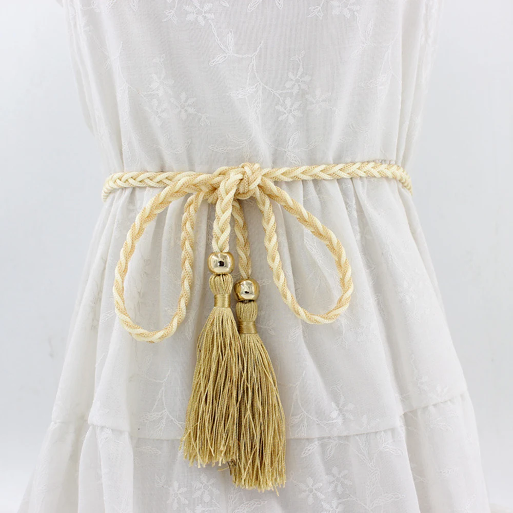 

Bohemia Tassel Braided Waist Belt Rope Chain Women Knitted Thin Belt Female Lace-Up Bow Knotted Dress Decoration Waistband