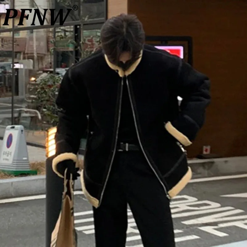 PFNW brytyjski styl męski wyściełany wełną 2024 jesienno-zimowa nowa stójka odzież męska kontrastowy kolor bawełniane płaszcze Trend