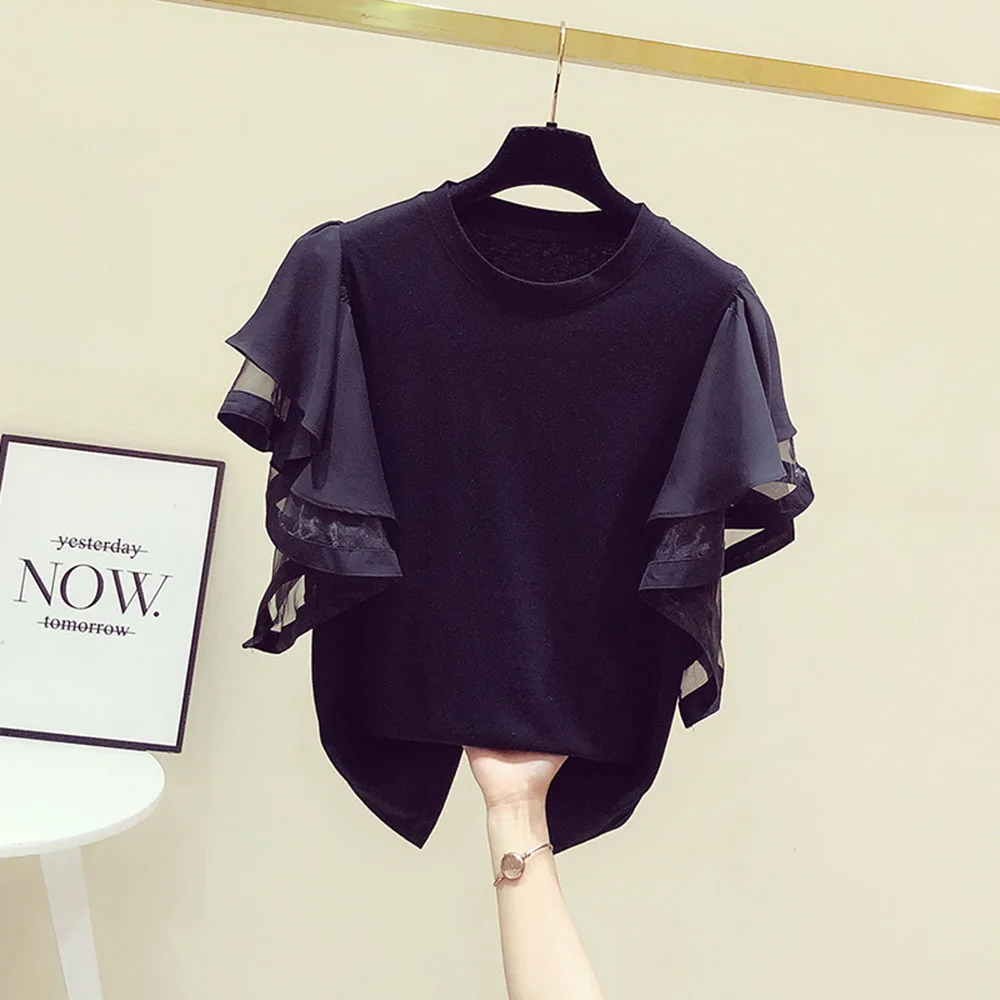 

Black Ruffle Women T-shirt Korean Solid Pullover Ruffle Sleeve Basic Female Tops Tee 2022 New Office Lady Casual T-shirts Jumper