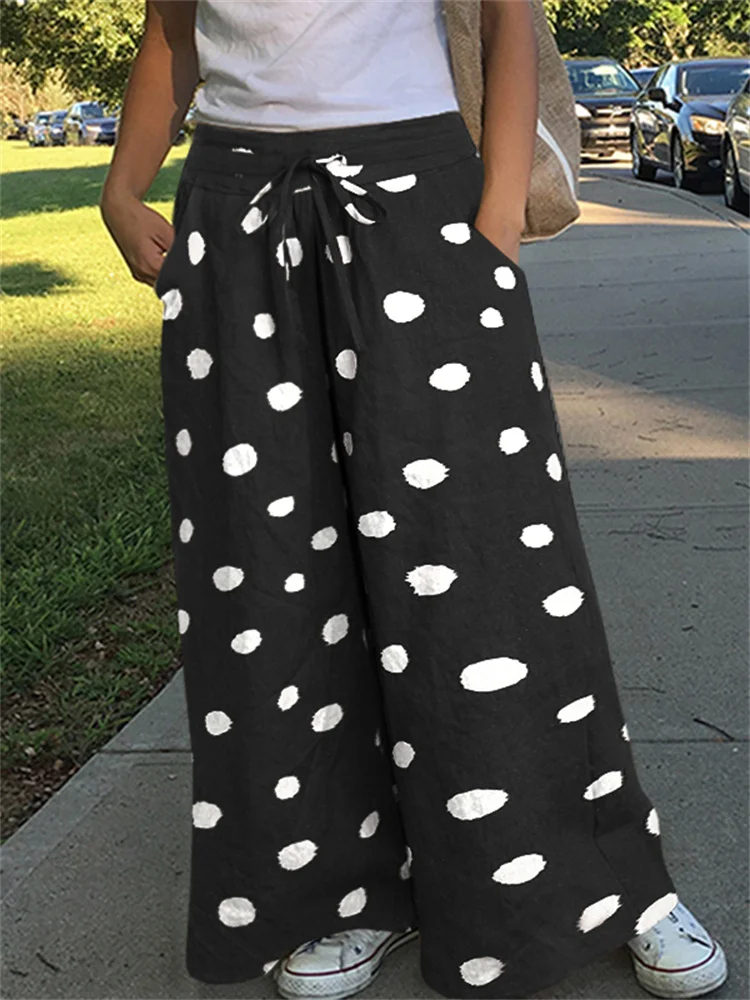 

Celmia Summer Dot Printed Pants Women 2022 Casual Cotton Linen Long Trousers Elegant Wide Leg Elastic Waist Pantalon Oversize