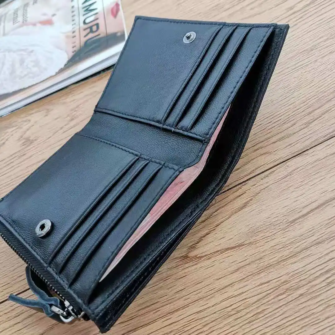 Genuine Weaved Lambskin Leather Credit Card Holder Button Folded Zippy Wallet Compact Organizer 4 Colors Option