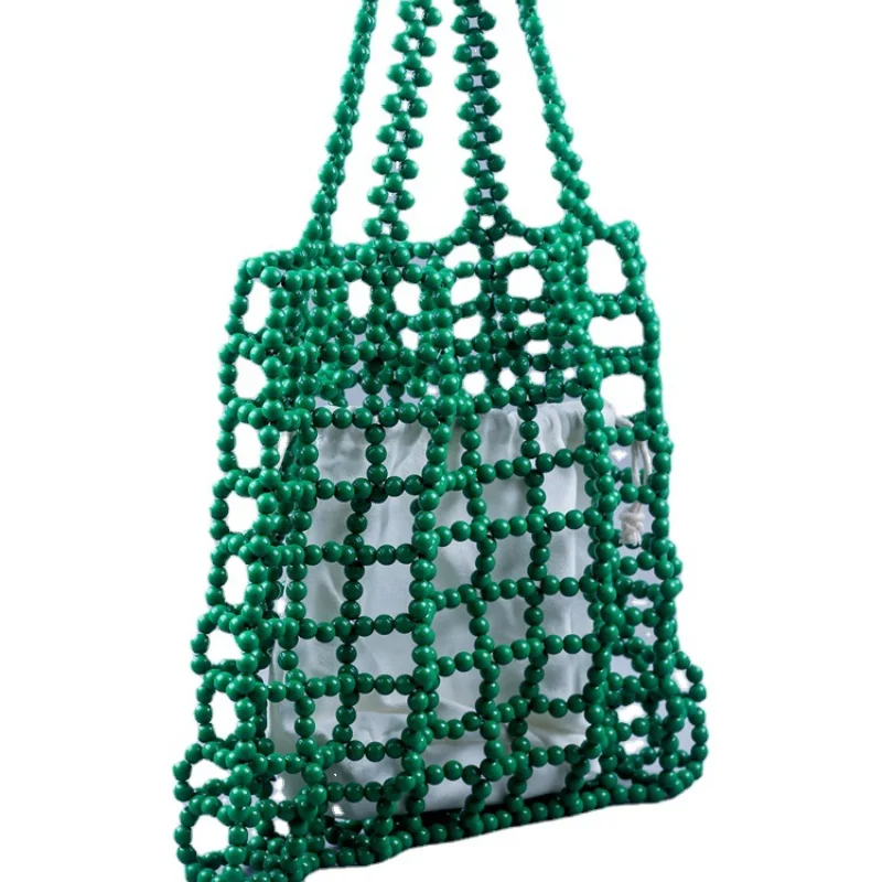 Summer Green Acrylic Beaded Bag Hollow Out Design Women's Tote Bag Seaside Travel Shopping Beach Bag Female Shoulde Bag 2023