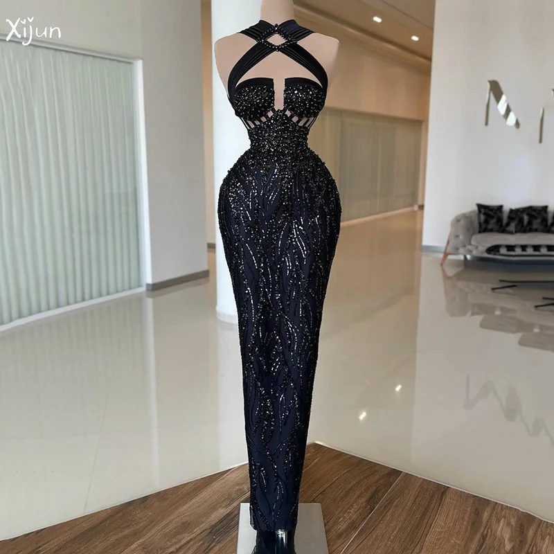 

Xijun Sexy Black Mermaid Prom Dresses Sleeveless Party Dress Halter Glitter Sequin Women Evening Dresses Robes De Soirée 2023