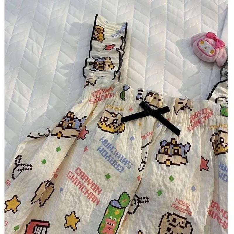 Фото Ночная рубашка Crayon Shin-chan: милая мультяшная ночная рубашка с цветочным принтом и сетчатыми вставками, с мягкими чашечками, летняя новинка, модная, универсальная домашняя одежда для отдыха №3