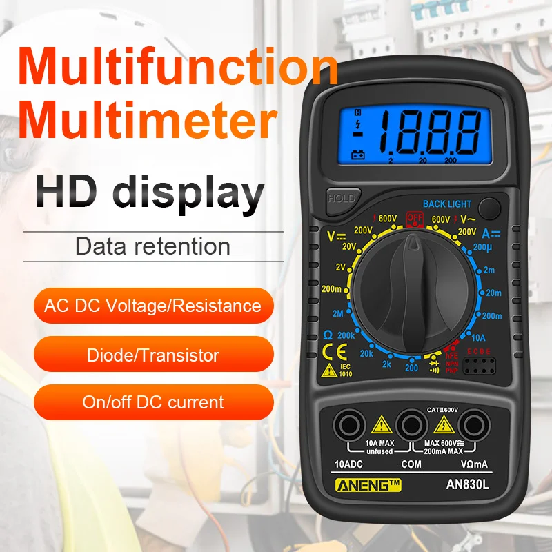 

Portable AN830L Digital Multimeter Tester LCD Backlight Data Hold 1999 Counts AC/DC Voltage Current Meter Household Multimetro