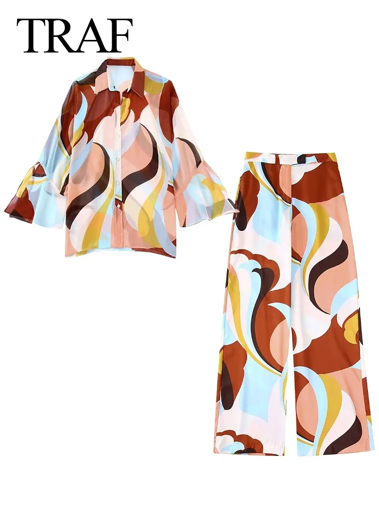 

Костюм TRAF женский с лацканами, элегантная Свободная рубашка с длинными рукавами и манжетами с разрезом + элегантные широкие брюки, подходит ...