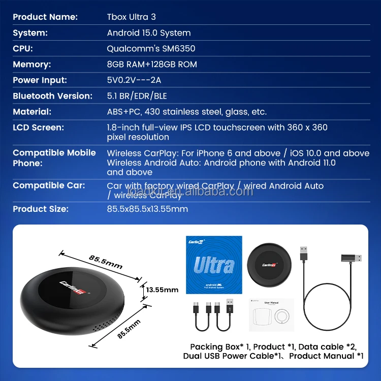 Фото Новый Carlinkit Tbox Ultra3 Smart 5G Беспроводной CarPlay AI Box Android 15 Автомобильный ТВ-бокс CarPlay Донгл для BMW CarPlay Адаптер №2