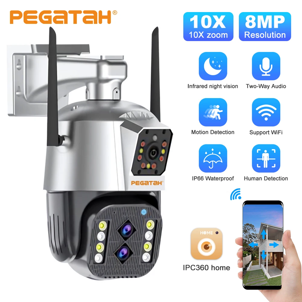 

PEGATAH 8MP 4K Outdoor Wifi Camera with Anti-theft Siren Alarm Dual Lens 10X Zoom PTZ Speed Dome Ai Human Detect CCTV IP Cameras