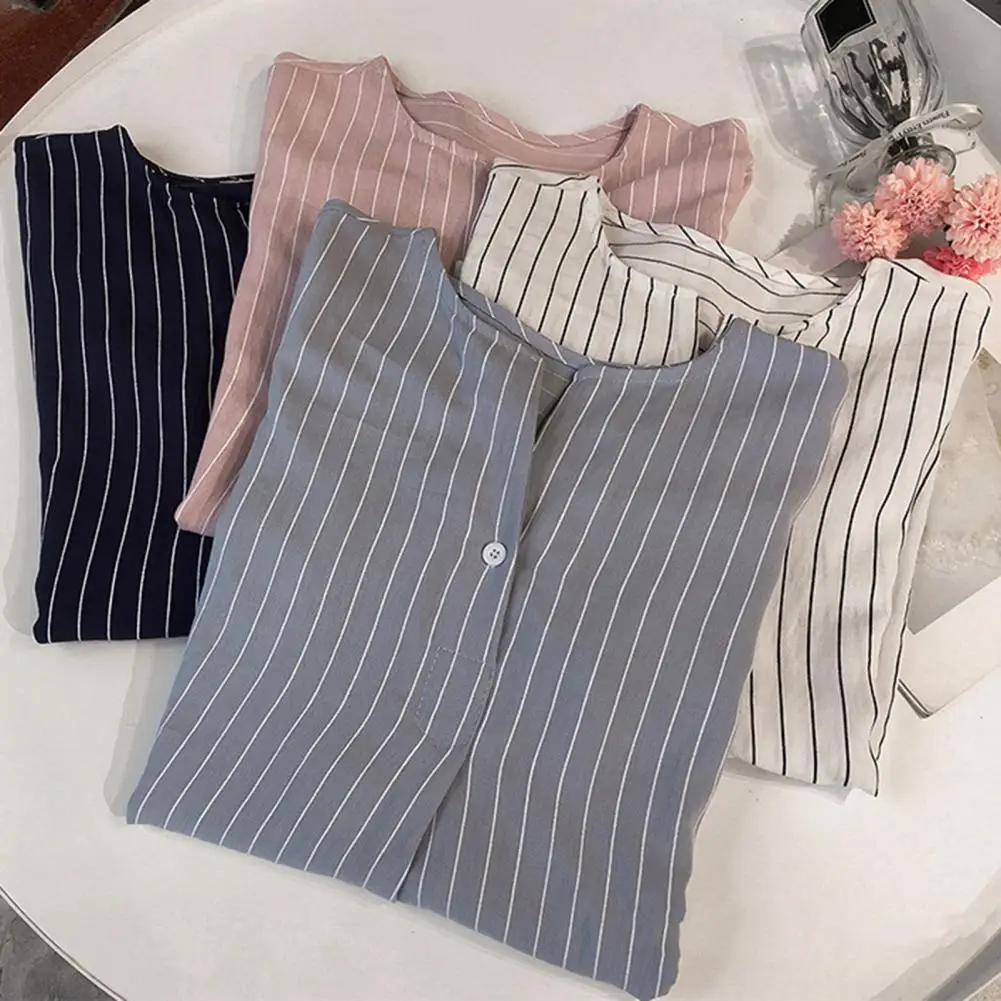 

Summer Shirt Round Neck Wear-resistant Breathable Round Neck Stripe Blouse Stylish Blouse for Daily Wear
