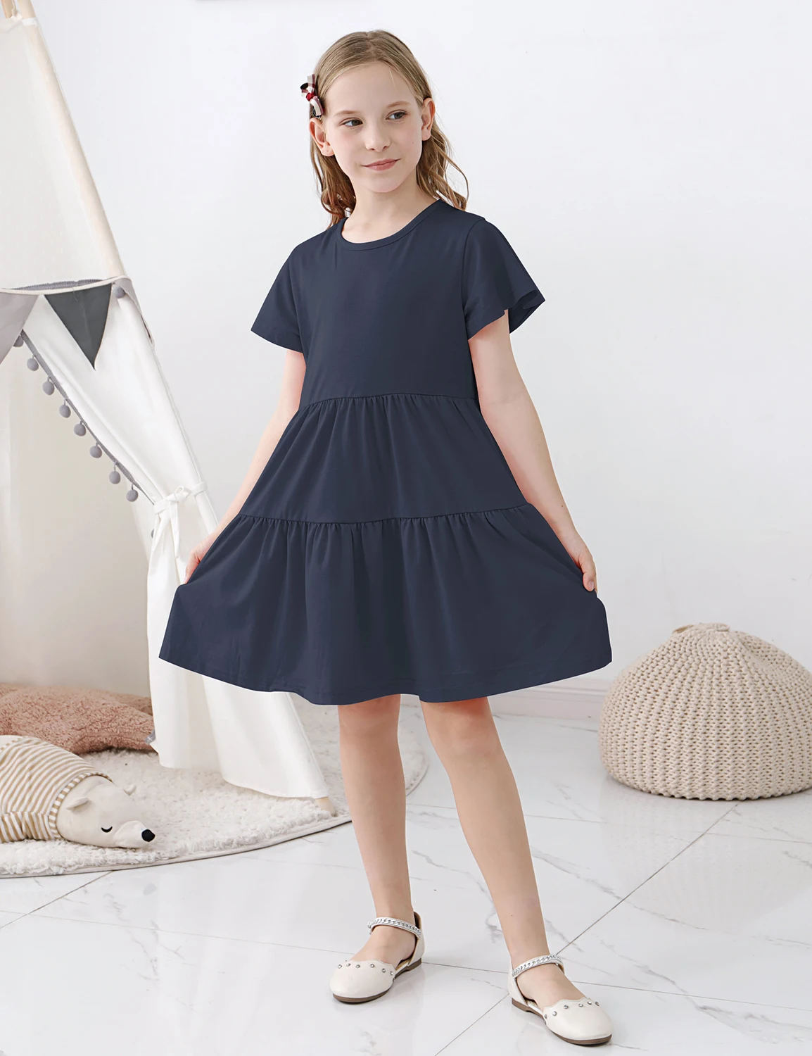 Платье-миди летнее ТРАПЕЦИЕВИДНОЕ с коротким рукавом и оборками на 4-14 лет
