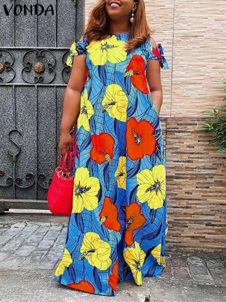 

Bohemian Kaftan Dress 2022 VONDA Women Vintage Printed Holiday Dress Female Beach Sundress Casual Sleeveles Vestido Feminina