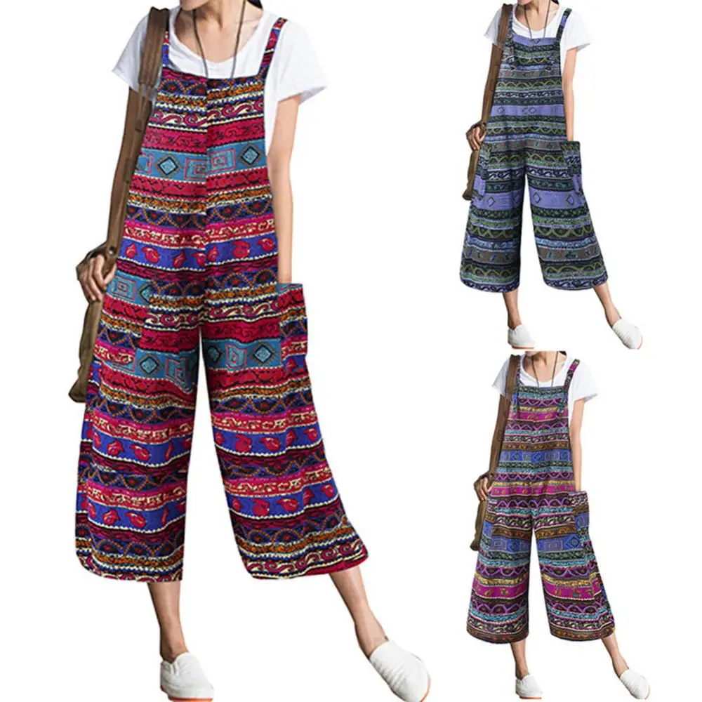 

Retro Romper Women Sleeveless Printed Pockets Bib Overall Jumpsuit Wide Leg Capri Pants