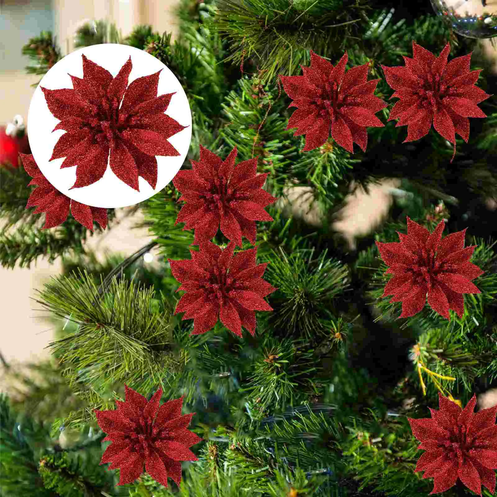 

Flowers Christmas Artificial Poinsettia Glitter Decorations Decor Hollow Tree