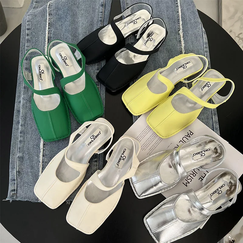 

2022 Summer New Women Candy Colors Square Toe Flat Heels Sandals French Simplicity Yellow Green Retro Closed Toe Sandals Shoes