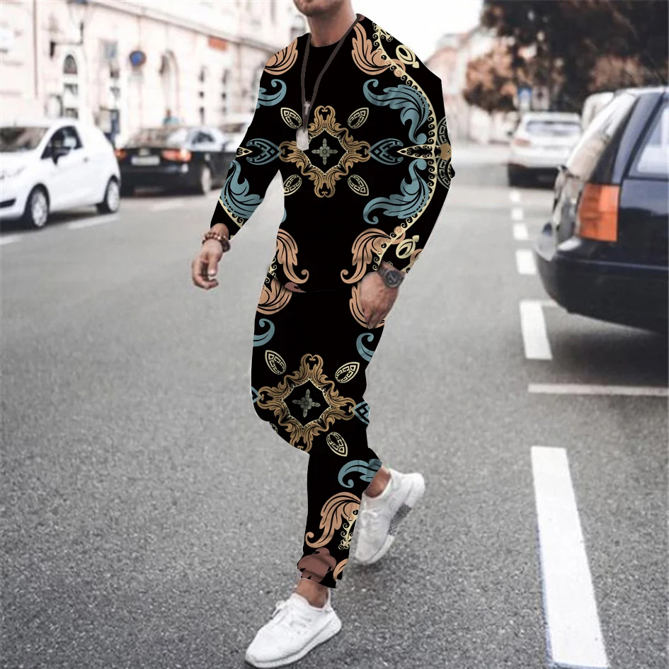 Vintage Men's Tracksuits 3D Printed Fashion 2-Piece Set Summer Streetwear Luxury Long Sleeve Suit Ice Silk Designer Clothing