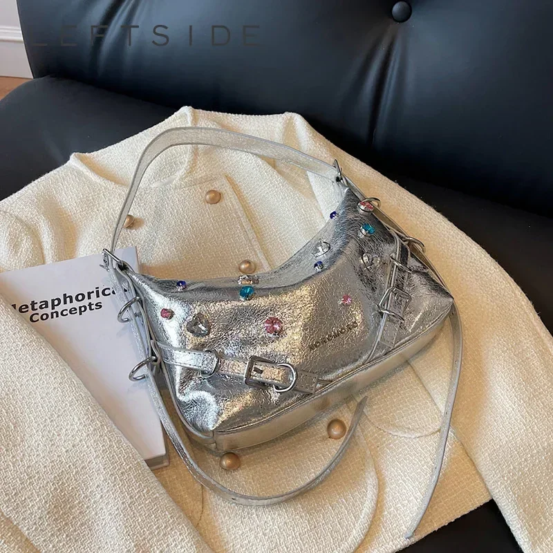 

Модная Серебряная Корейская сумка LEFTSIDE 2023 с бриллиантовыми подмышками для роскошных сумок, дизайнерские женские кожаные сумки через плечо