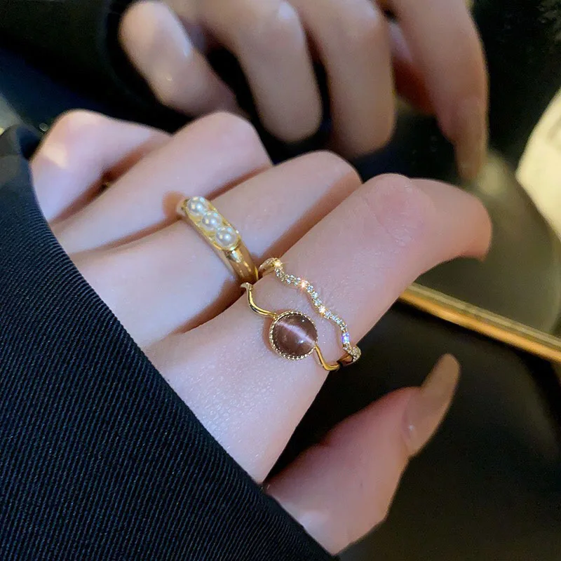 

2023 New Gold Plated Zircon Cat Eye Double Opening Fashion Ring Women's Elegant Temperament Cool Finger Accessories