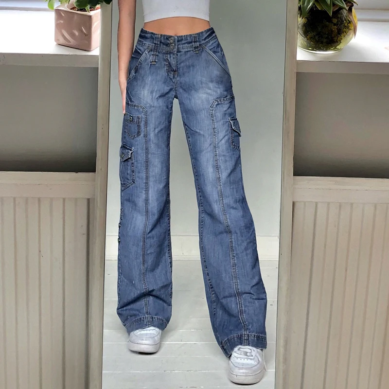 Harajuku Pockets Patchwork Cargo Jeans Y2K Dark Blue High Waist Streetwear 90S Baggy Jeans Women Pants Straight Leg