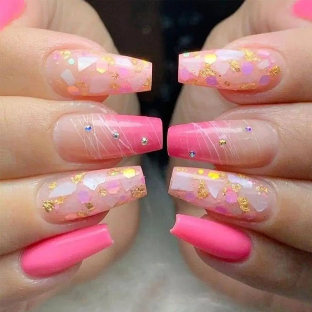 

Shiny Shell Powder Diamond Trapezoid Coffin Fake Nail Patch Pointed Long Ballet Fake Nail Candy Color Gradient Wearable Nails