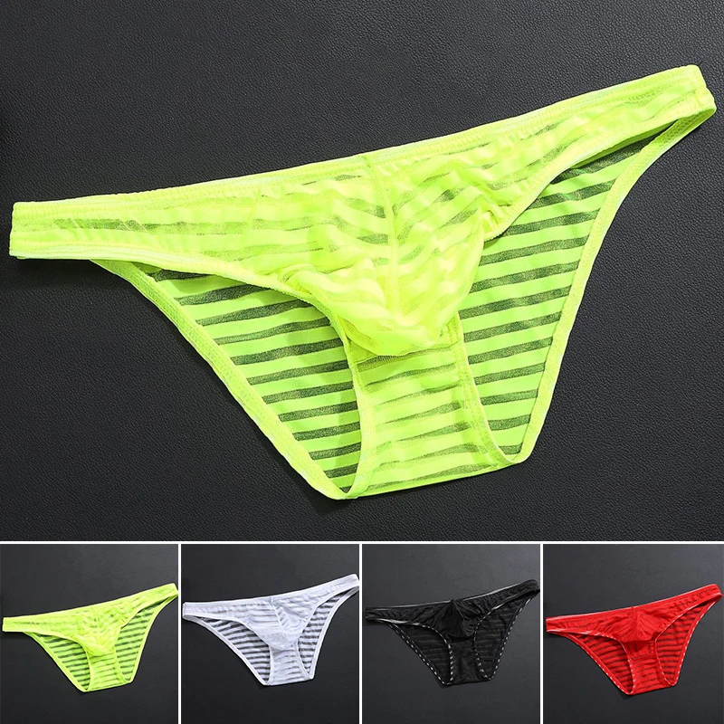 

Thin Underwear Men Underpants Solid Color Stripe Seamless Mesh Sheer Comfortable Men Briefs Thong Breathable