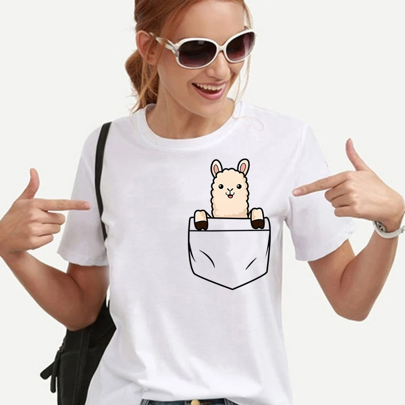 

Pocket Llama Women T Shirt Harajuku 90s Ullzang T-shirt Clothes Cartoon Tshirt Graphic Top Tees Female Kawaii T-shirts Y2k Top