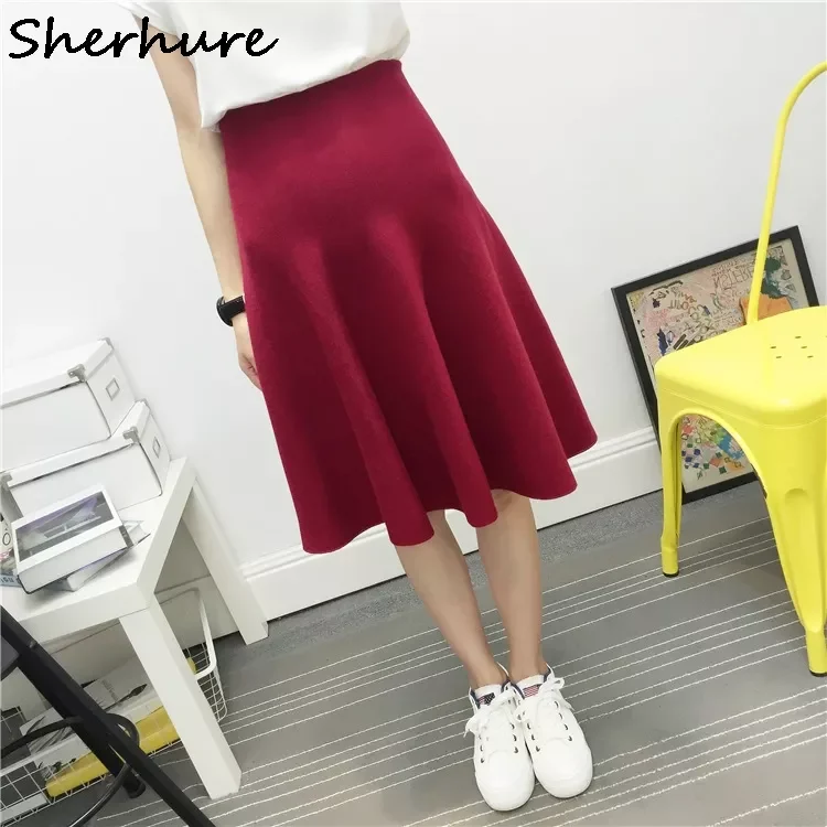 

2022 New Sexy Women Knitted Skirt Autumn Winter Solid High Waist Midi Skirts A-Line Pleated Skirt Female Jupe Saia High Quality