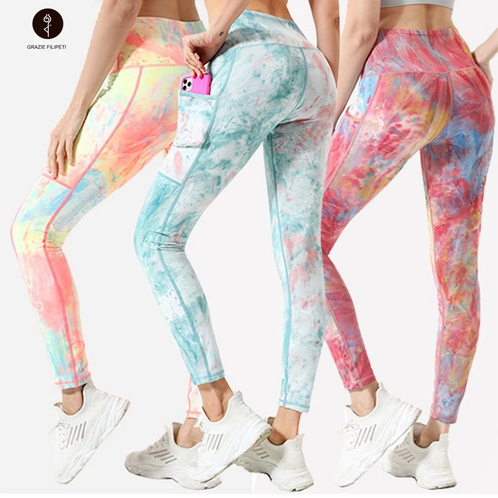 

2022 New Spring Skin Close Nude Pocket Yoga Pants Women's High Waist Fitness Tie Dyed Hip Tight Pants Leggings Sport Women