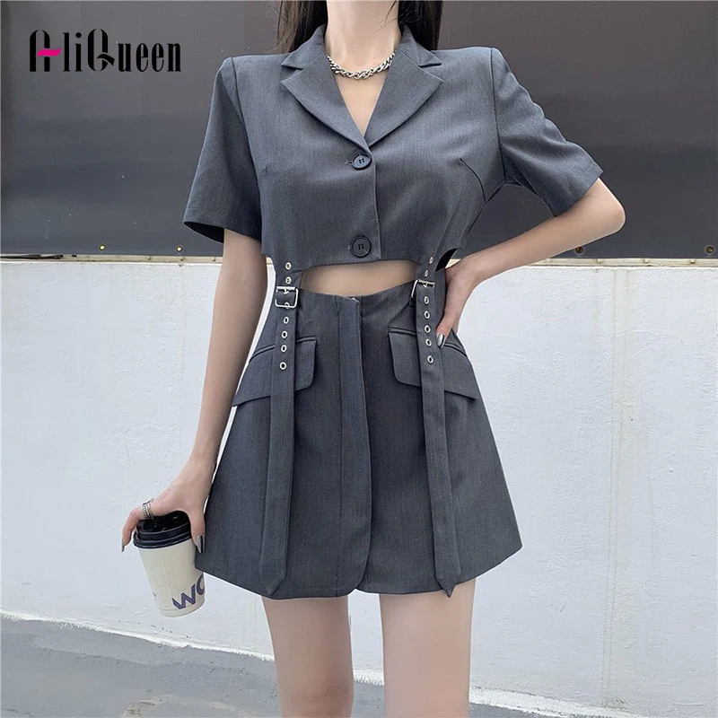 

Женское платье-блейзер с коротким рукавом и воротником-стойкой, 2 шт.