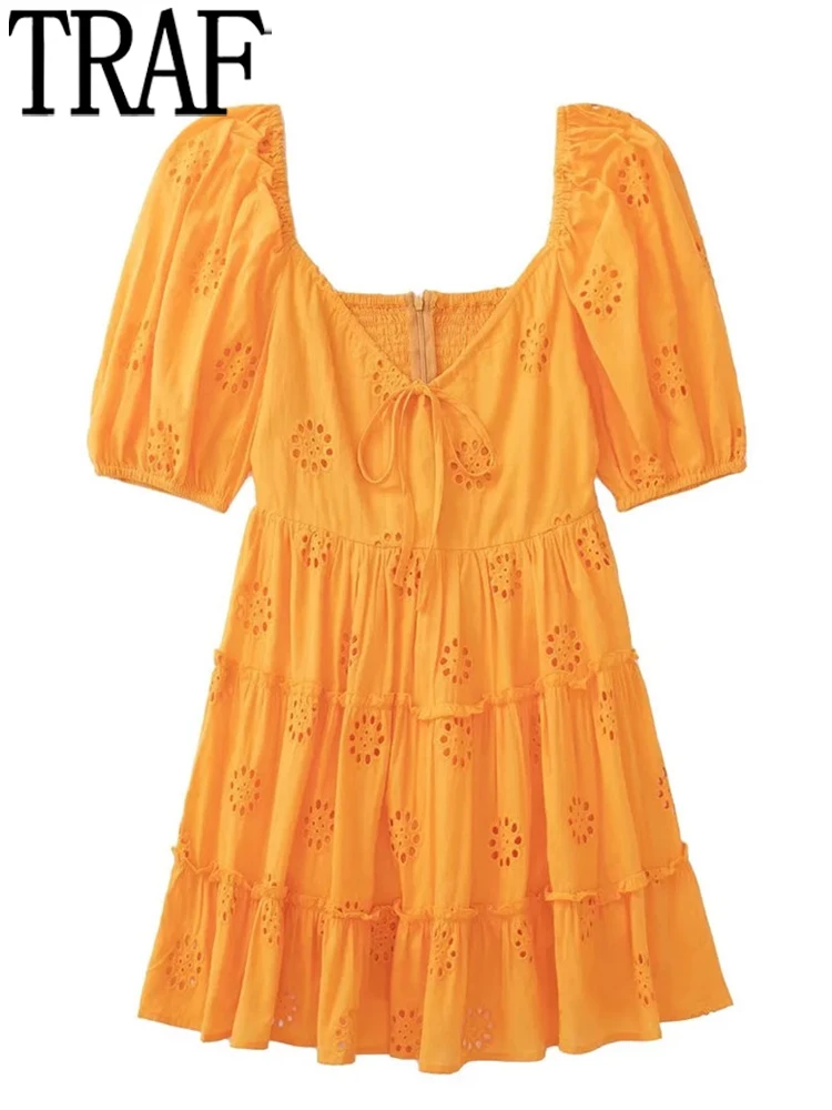 

TRAF Orange Embroidery Dress Women Ruffle Short Dress Woman Puff Sleeve Backless Dresses for Women 2022 Cutwork Female Dress