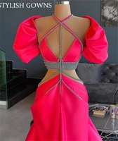 sexy halter long prom dress beaded evening gowns lantern sleeve birthday party cut out formal dresses robe de soiree