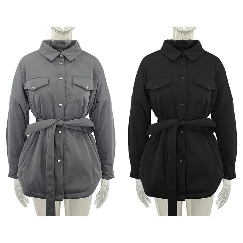 Spring Turn Down Collar Parkas Women Fashion Tie Belt Coats Women Elegant Single Breasted Cotton Jackets Female Ladies