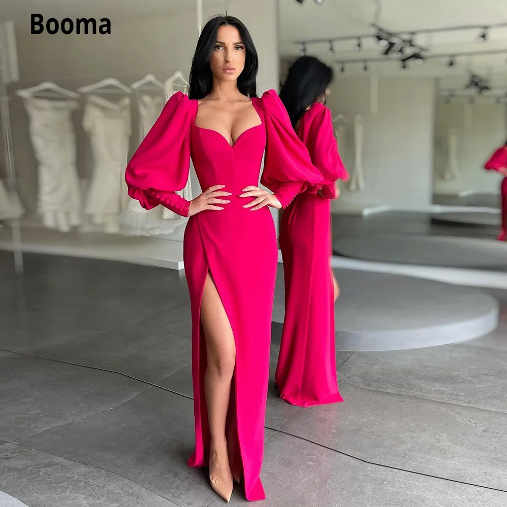 

Booma Fuchsia Long Sleeves Sheath Evening Dresses Queen Anne High Slit Soft Satin Evening Party Gowns Column Formal Dresses