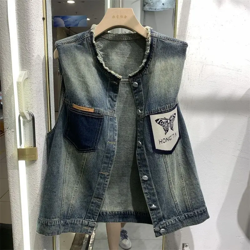

Spring Autumn New Women's Butterfly Print Pocket Denim Vest Jacket Coat