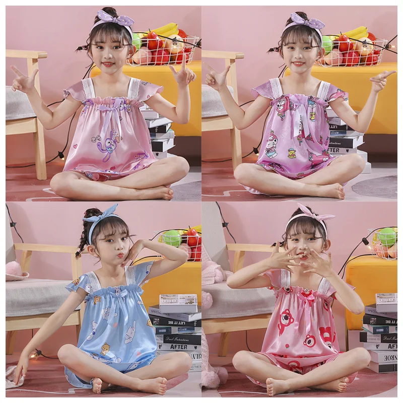 

Летняя Милая Шелковая пижама с героями мультфильмов Sanrioed для девочек, аниме, Коричный курол, милая майка, шорты, домашняя одежда, детский подарок