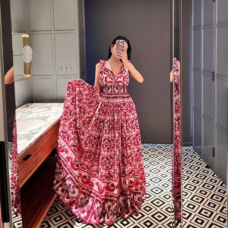 

2023 Cotton New Top Quality Spring Summer Floral Printing Graceful Vintage Lace-up Waist Shirred Woman Midi Dress