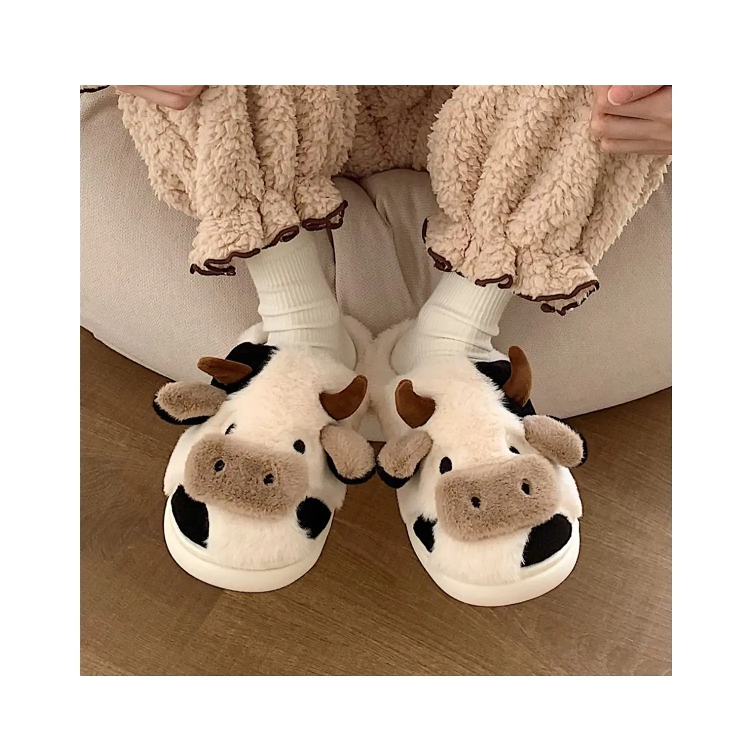 cute animal slipper for women girls fashion kawaii fluffy winter warm slipper female cartoon milk cow house slides funny shoes free global shipping