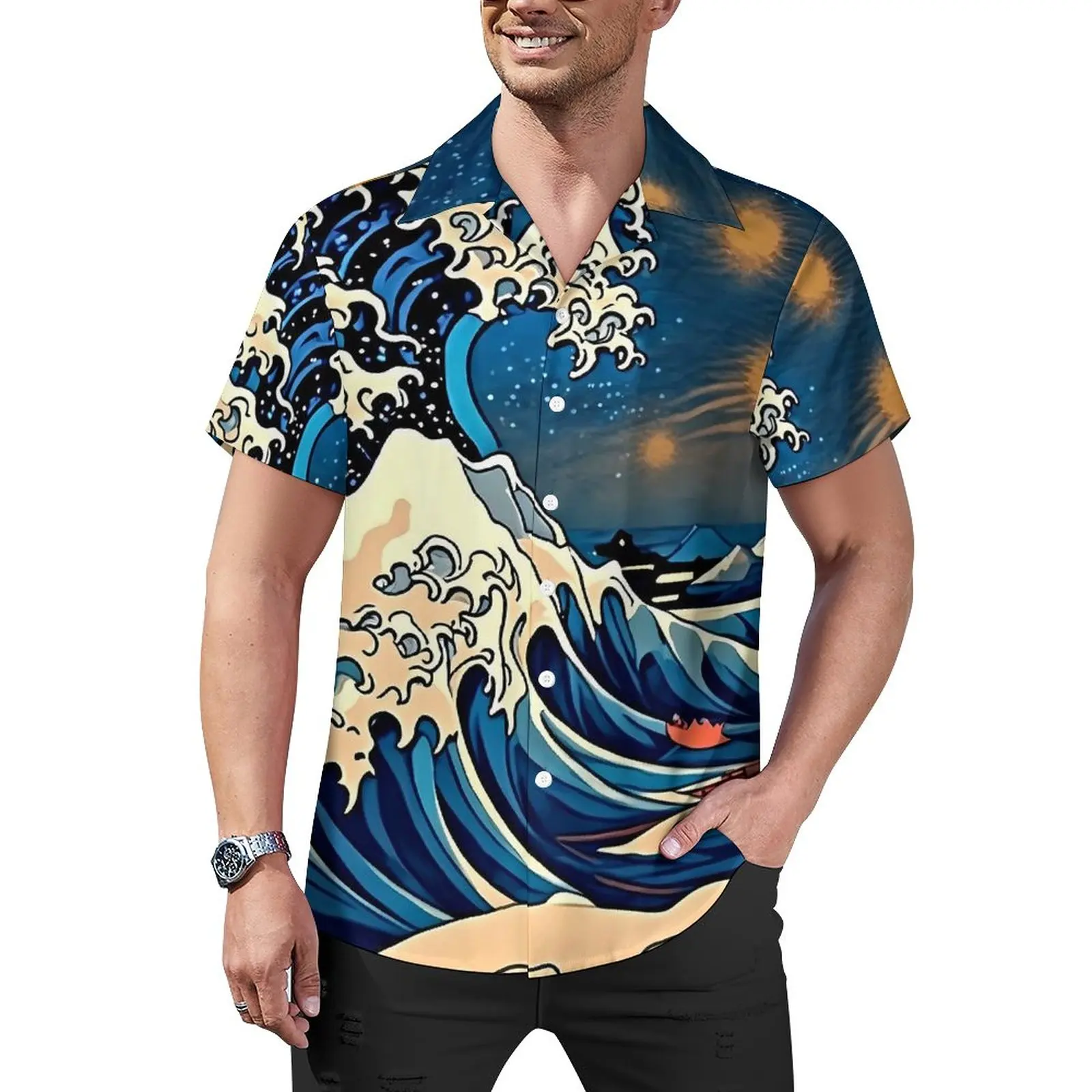 

The Great Wave Beach Shirt Waves Print Hawaii Casual Shirts Man Aesthetic Blouses Short Sleeve Printed Clothing Plus Size