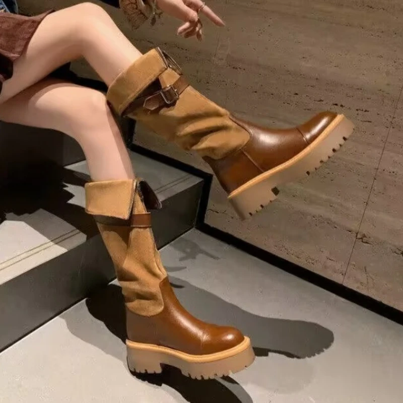 

Ladies Shoes on Sale 2023 Fashion Front Zipper Women's Boots Winter Round Toe Mixed Colors High Tube Chunky Heel Fashion Boots