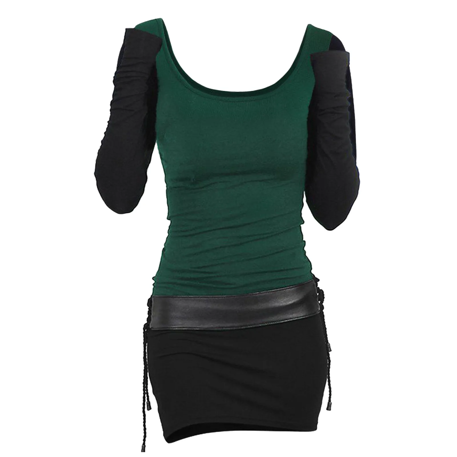 

Women Daily Autumn Casual Long Sleeve Lace Up Pullover Dress Hooded Contrast Two Tone Cinched Slim Green Dress Women Long Sleeve