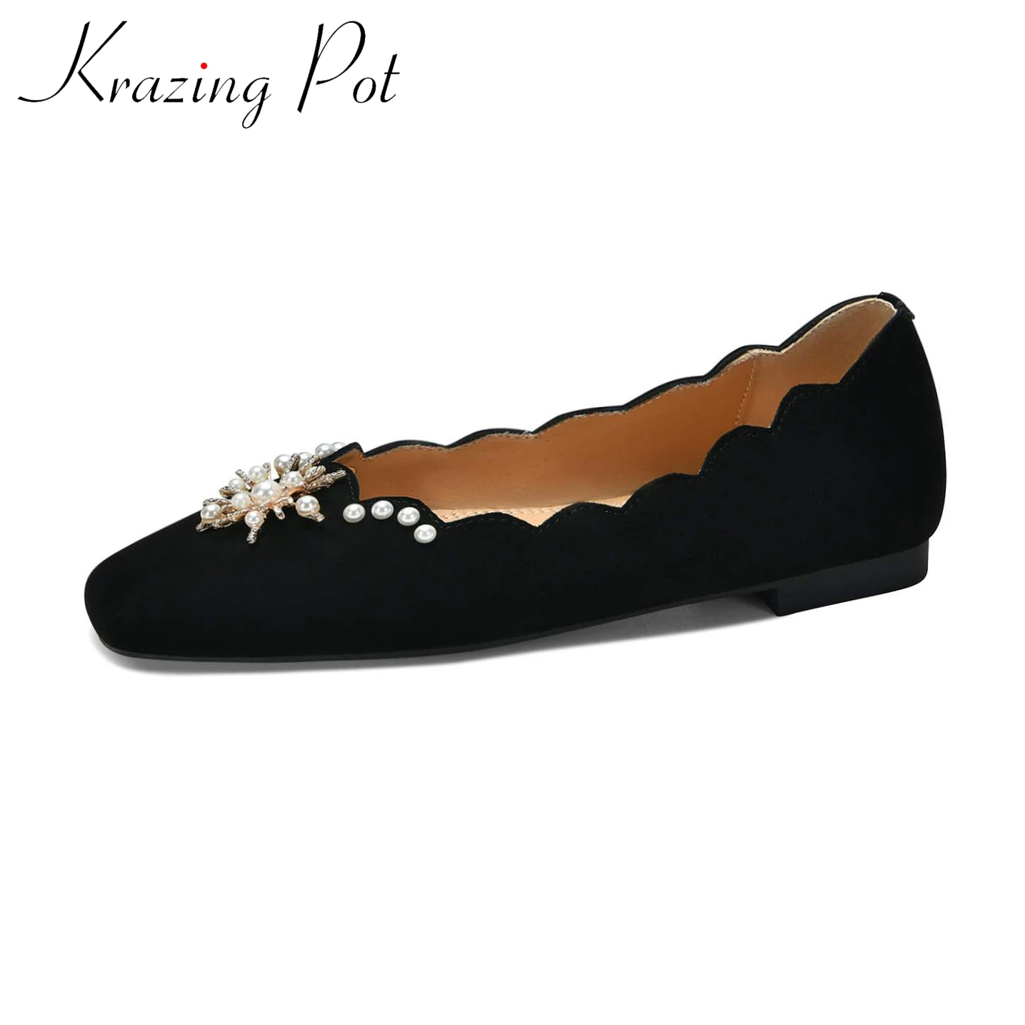 

Krazing pot 2022 cow leather ballet dancer square toe pearl beading three-dimensional flowers dating slip on ruffles women flats